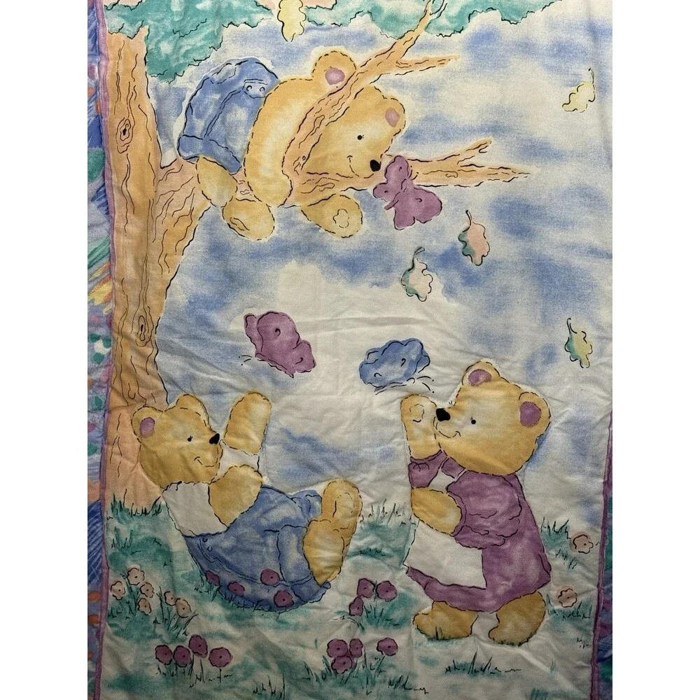 Vtg Bears & Butterflies Pastel Baby Crib Blanket Comforter Fisher Price 90’s USA